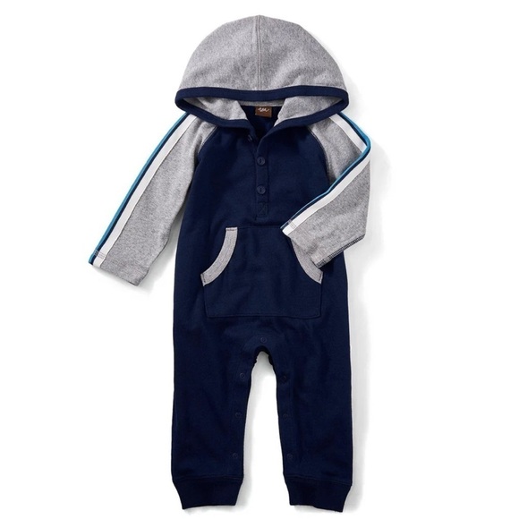 Tea Collection Evan Hoodie Romper 0-3 months Blue Grey - Picture 1 of 9